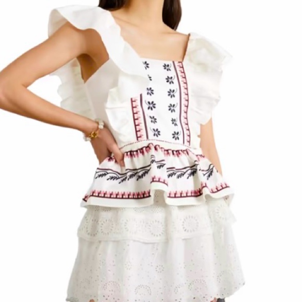 New w/ Tags, LUG VON SIGA Jade ruffled shirred embroidered cotton-poplin top